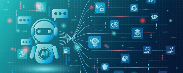 Abstract image of a robot talking with AI icons
