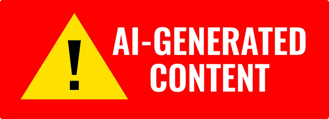 A yellow warning sign over red background with the text "AI-generated content"
